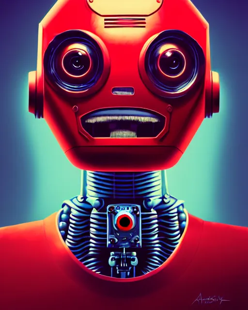 Prompt: hyper - realistic portrait of a vintage robot, red evil eyes, angry mouth, gta v cover art, celshading, sharp focus, intricate, detailed, rhads, andreas rocha, makoto shinkai, lois van baarle, ilya kuvshinov, greg rutkowski, dynamic lighting, grunge aesthetic, 4 k