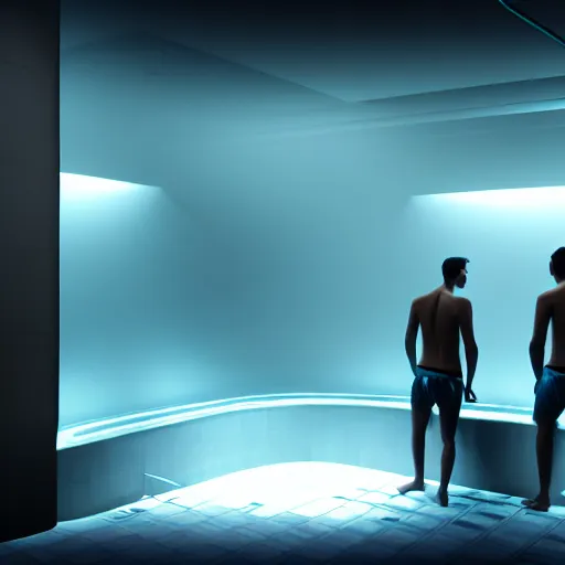 Image similar to two guys in the steam room. super realistic 8 k render of a elegant, cinematic composition