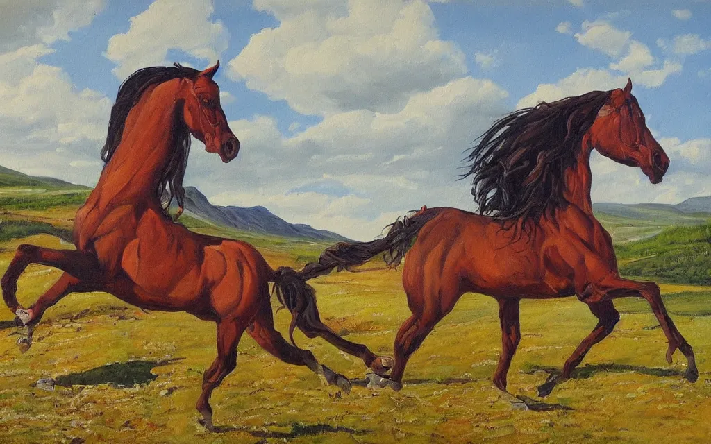 Image similar to a painting of a crazy horse during a heatwave in norway countryside, oil on canvas, by constantin hansen