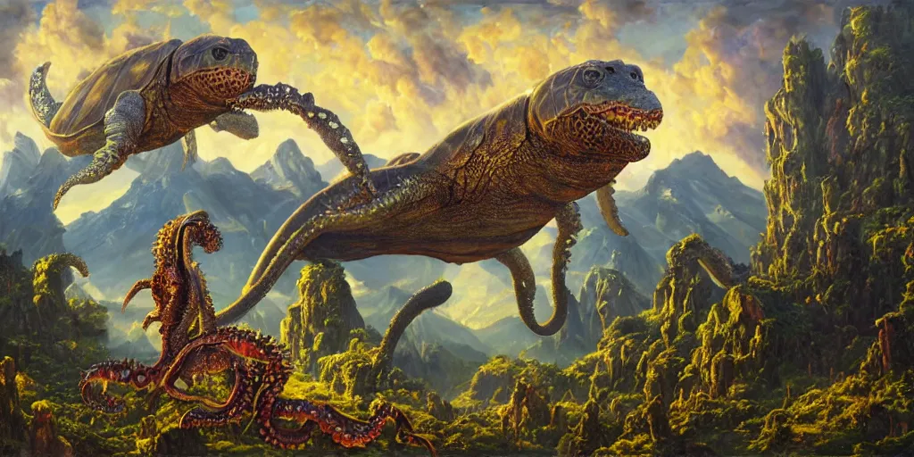 Image similar to fantasy oil painting, great leviathan, cybernetic turtle cephalopod terrapin reptilian pachyderm squid, bella hadid, hybrid, milla jovovich, anubis, epic natural light, lush plants flowers, spectacular mountains, bright clouds, luminous sky, outer worlds, golden hour, michael cheval, edward hopper, michael whelan, vray, hd