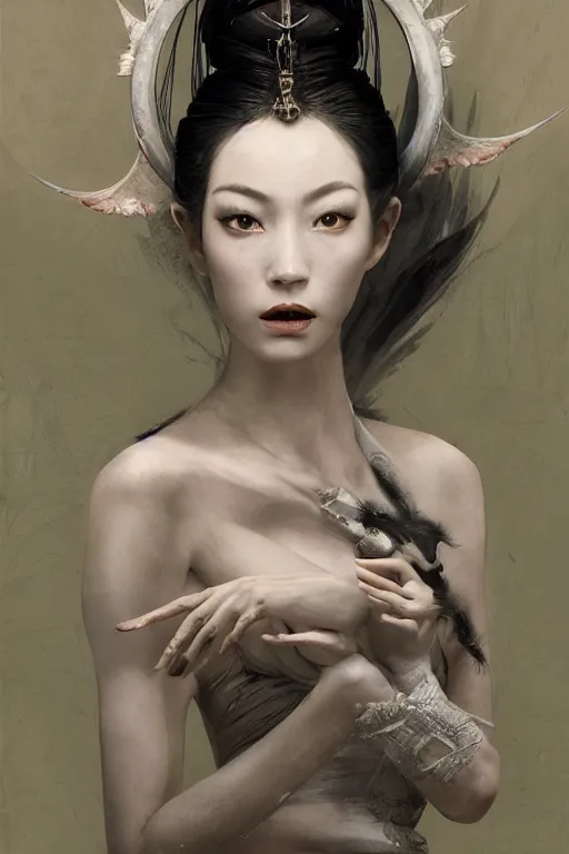 Prompt: >> photography portrait by Paolo Roversi of an archangel geisha, fantasy style fashion, dynamic pose , white paled skin , some curved armor , olive skin, long dark hair, beautiful bone structure, symmetrical facial features, intricate, elegant, digital painting, concept art, smooth, sharp focus, illustration, by Ruan Jia and Mandy Jurgens , and mucha, and Artgerm and William-Adolphe Bouguerea