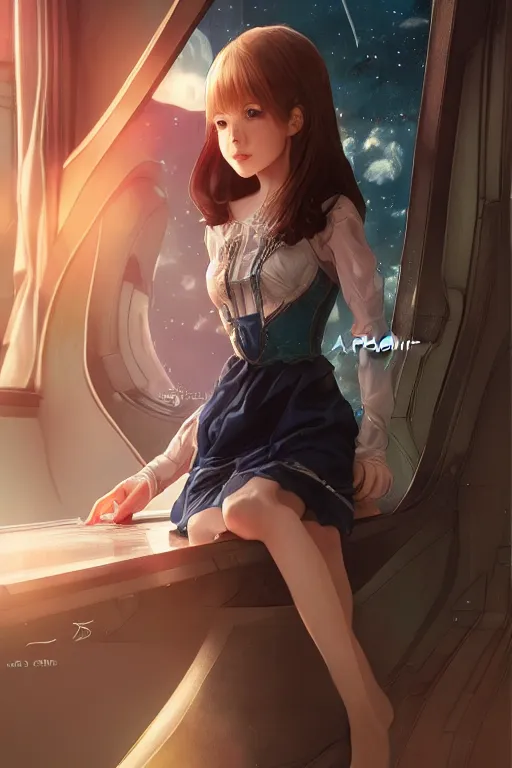 Prompt: girl sitting on a spaceship window, beautiful detailed dress, medium shot, smiling, by artgerm, by wlop, anime style, octane render