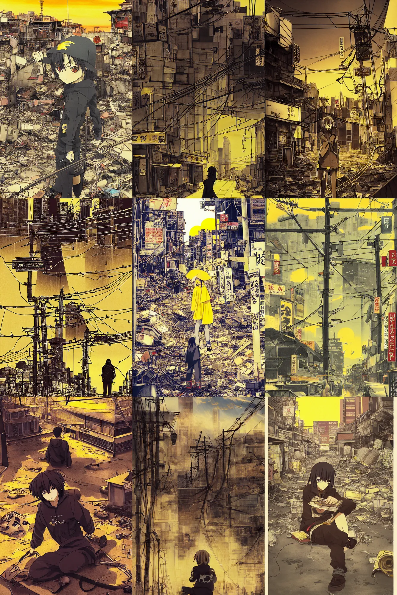 Prompt: anime, tatsuyuki tanaka movie poster, yellow sky, shinjuku, koji morimoto, masamune shirow, foggy, box robot, bright sun bleached ground, paper texture, movie, distant shot of hoody girl sitting in deserted dusty shinjuku junk town, old pawn shop, overhead wires, telephone pole, dusty, dry, 4k, dynamic camera angle, deep 3 point perspective, fish eye, dynamic scene