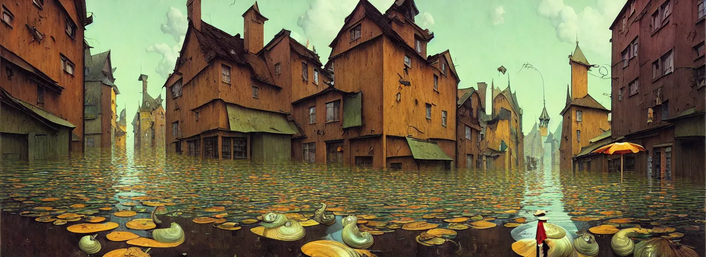Image similar to flooded! old wooden! empty cursed snail city street, very coherent and colorful high contrast masterpiece by gediminas pranckevicius rene magritte norman rockwell franz sedlacek, full - length view, dark shadows, sunny day, hard lighting, reference sheet white background