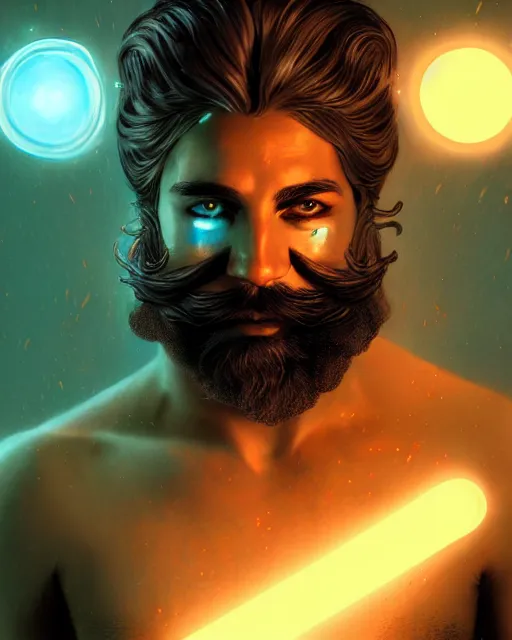 Prompt: epic fantasy comic book style portrait of a shirtless male bioluminescent man with a beard with glowing eyes, dark retrowave, highly detailed, digital painting, cinematic, hyperrealism, rpg portrait, dynamic lighting, art by boris vallejo and julie bell and magali villeneuve and alphonse mucha, artstation, octane render, cgsociety