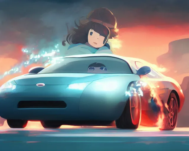 Image similar to a brunnete girl with blue eyes and puffy cheeks driving a car, car accident, close up shot from the back of the car, anime art, Greg Rutkowski, studio ghibli, dramatic lighting