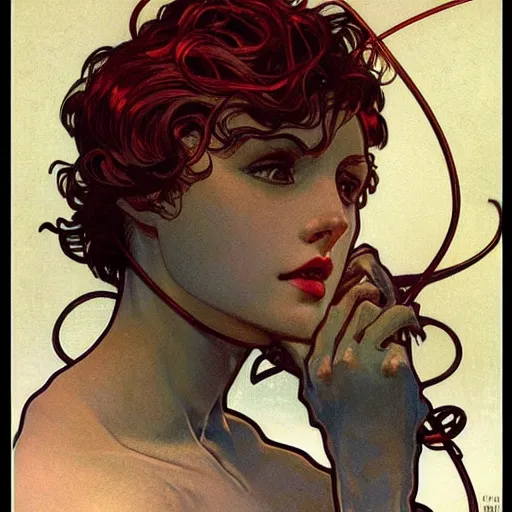 Image similar to handsome beautiful but male humanoid male robot part metal wires with wavy short dark hair, elegant, red lighting, realistic, concept art, smooth, detailed, high quality, alphonse mucha and waterhouse,