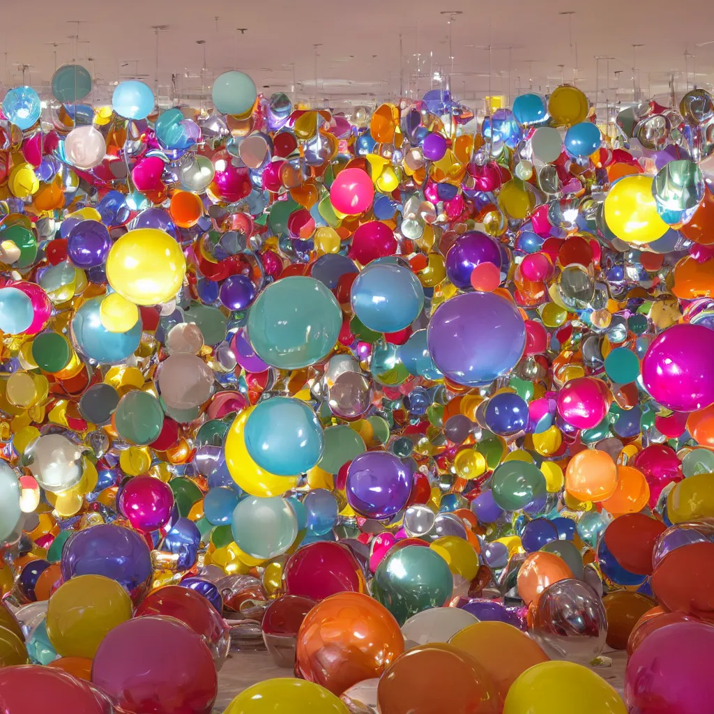 Prompt: floating glowing bulbous chrome sculpture in the middle of a colorful room in the 60's, Wes Anderson