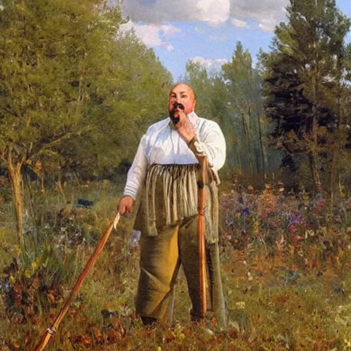 Image similar to Gary Gygax in earflaps stands in the middle of the field, Rye (Shishkin), painting by Ivan Shishkin, Ernest Gary Gygax face, painting by Valentin Serov, oil painting