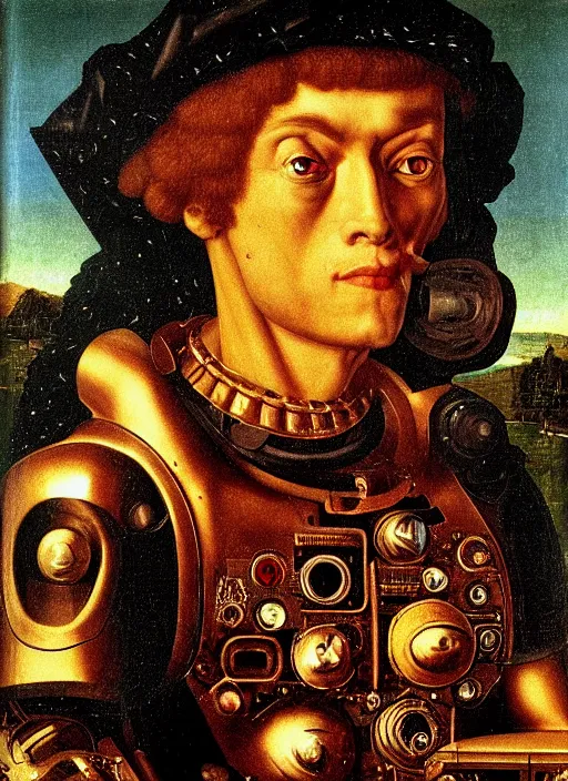 Prompt: a portrait of a cyborg jacked into their cyberdeck by Jan van Eyck