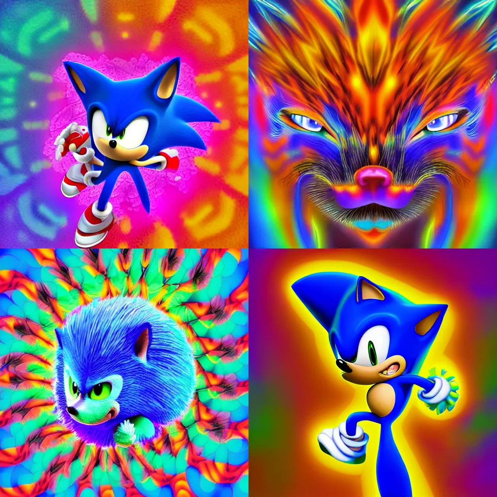 Prompt: a digital painting portrait of Sonic the Hedgehog in the style of Shpongle, psychedelic DMT Sonic fractal swirls, soft pastel colors