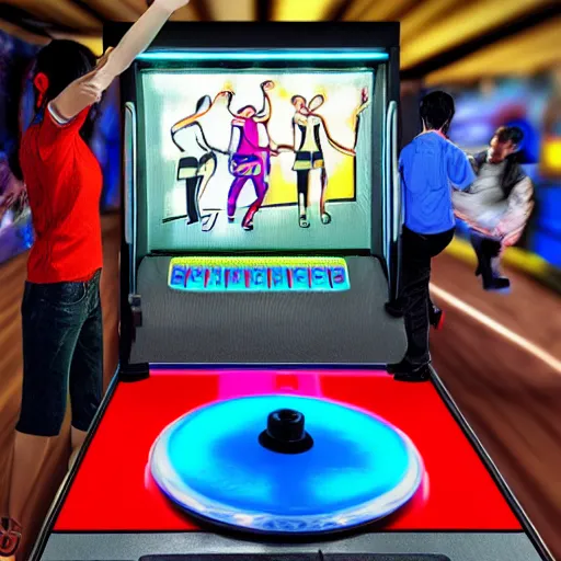 Prompt: a ddr machine with people playing it in the year 1 9 9 9 in japan, photorealistic, ultra realistic, hd, 8 k