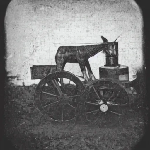 Image similar to grainy 1800s photo of a mechanical animal used to haul goods