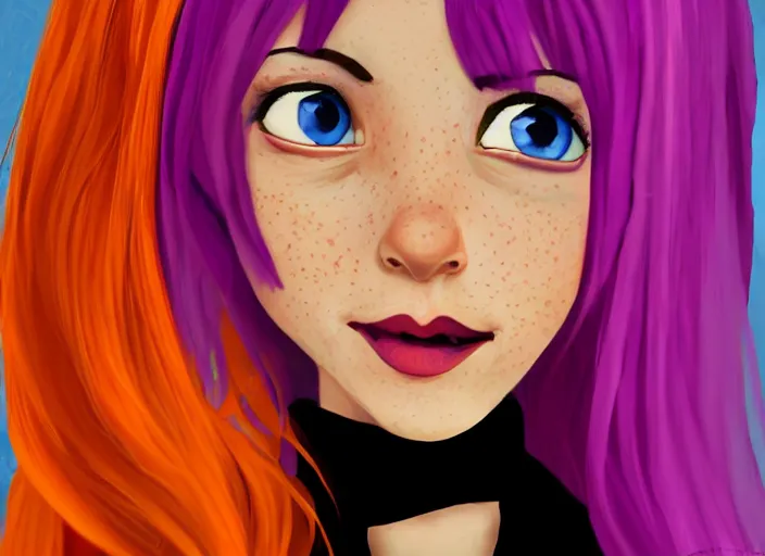 Image similar to portrait Girl with orange hair and freckles, purple background, cute-fine-face, pretty face, realistic shaded lighting by disney character style,