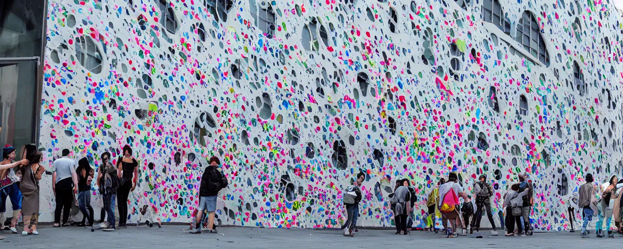 Image similar to people in a busy city people looking at a white building covered with a 3d graffiti veil, made of discsrded fashion, with paint dripping down to the floor, tadao ando, kengo kuma, shigeru bab, hiroshi yoshida, christos, yoshitaka Amano, james gurney, ikigai, and james jean, architectural illustration, at dusk, synthwave signs