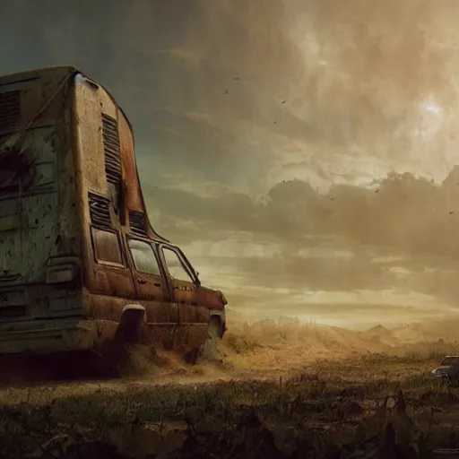 Image similar to mystery machine abandoned, dirty, apocalypse, cinematic, detailed, epic, widescreen, opening, establishing, mattepainting, photorealistic, 4 k, octane render, art by greg rutkowski