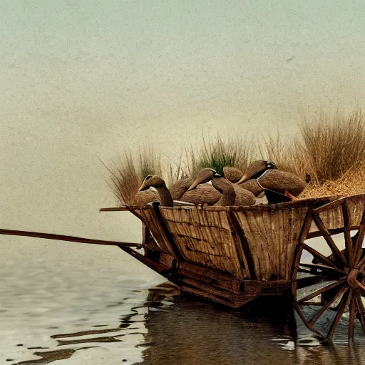 Image similar to a wagon pulled by ducks, photo, highly detailed, 4k