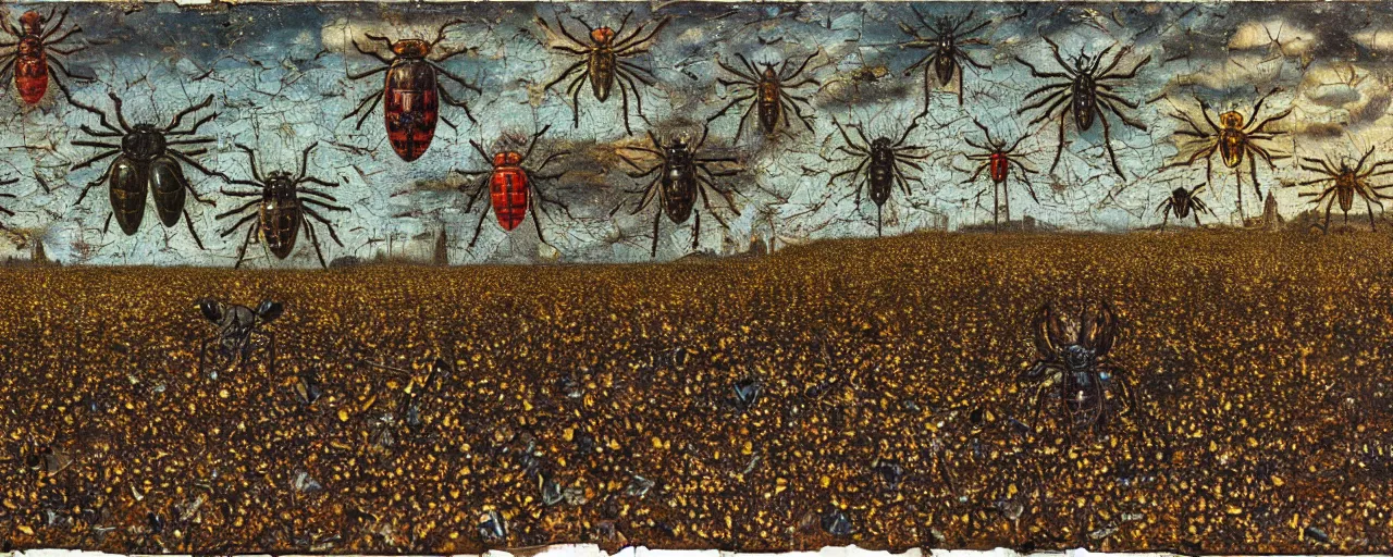 Image similar to strange giant insects, beetles and flies, swarming in a cornfield, oil painting by max ernst and anselm kiefer, decay, mixed media, textured, sharp focus, highly detailed, photographic emulsion cracked and peeling, rust, cinematic lighting, 8 k, hd