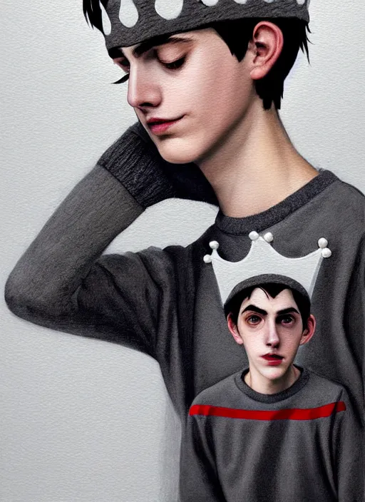 Image similar to portrait of teenage jughead jones wearing a light grey crown, photorealistic, crown, sweater with letter s on it, hamburger, eyes closed, crown, black hair, intricate, elegant, glowing lights, highly detailed, digital painting, artstation, concept art, smooth, sharp focus, illustration, art by wlop, mars ravelo and greg rutkowski