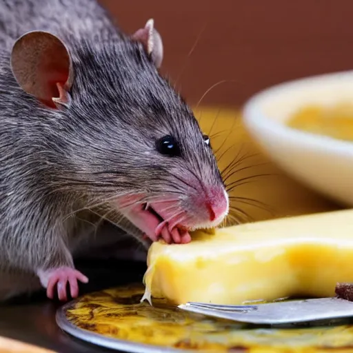 Prompt: A delicious steak with cheese, eaten by a furious rat.