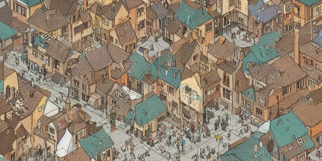 Image similar to isometric view illustration of a medieval village street corner, highly detailed, mid day by Victo Ngai