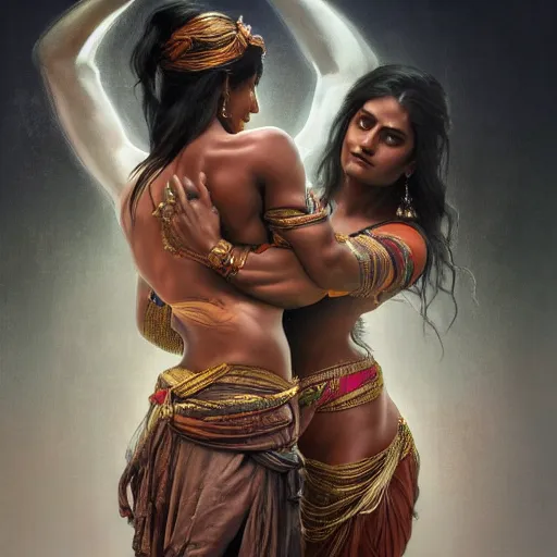Image similar to portrait painting of dark muscular indian women hugging from behind, ultra realistic, concept art, intricate details, eerie, highly detailed, photorealistic, octane render, 8 k, unreal engine. art by artgerm and greg rutkowski and alphonse mucha