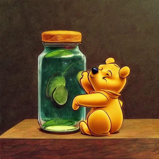 Image similar to winnie the pooh, opening a jar of pickles, realistic art style