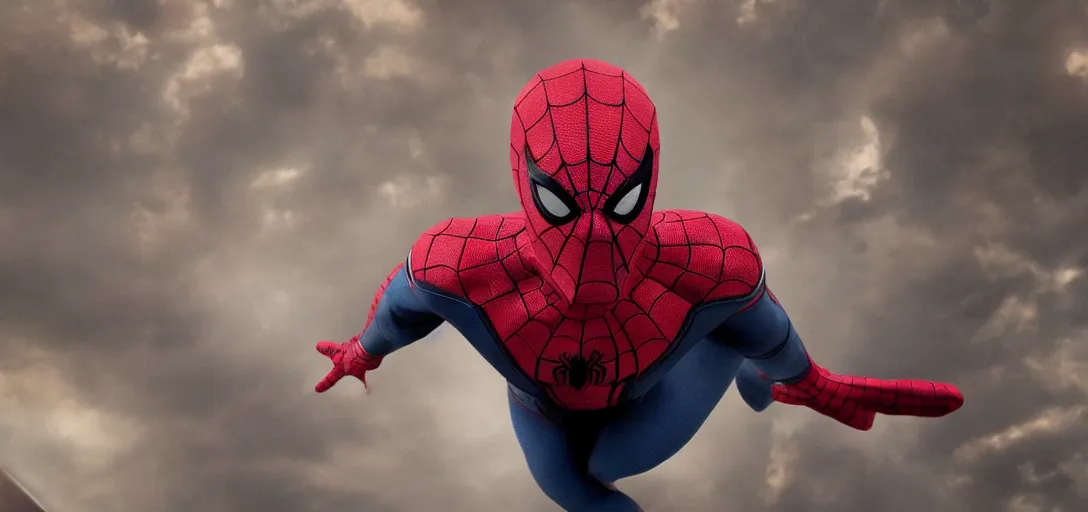 Image similar to Tom Hanks as Spider-Man, film still, wide-shot, full shot, cinematic lens, heroic portrait