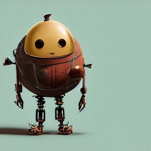 Image similar to gediminas pranckevicius, a small chubby bot, smooth panelling, one large gold eye intricate detail, style of pokemon, with damaged rusty arms, broken antenna, recycled, floating, white studio, oil, mechanical, toy, ambient light, in the style of pixar animation, pokedstudios, blender, octane render, 8 k,