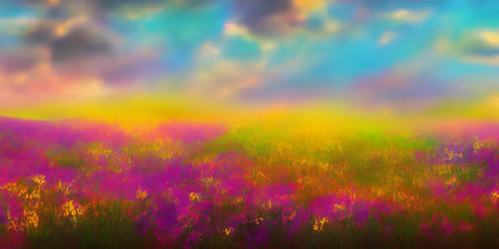 Prompt: abstract landscape, flowers field. golden hour. pastel colors. matte painting, 4k