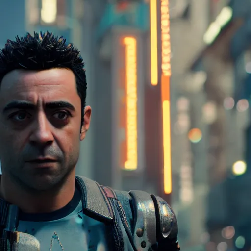 Prompt: still of xavi hernandez in cyberpunk 2 0 7 7