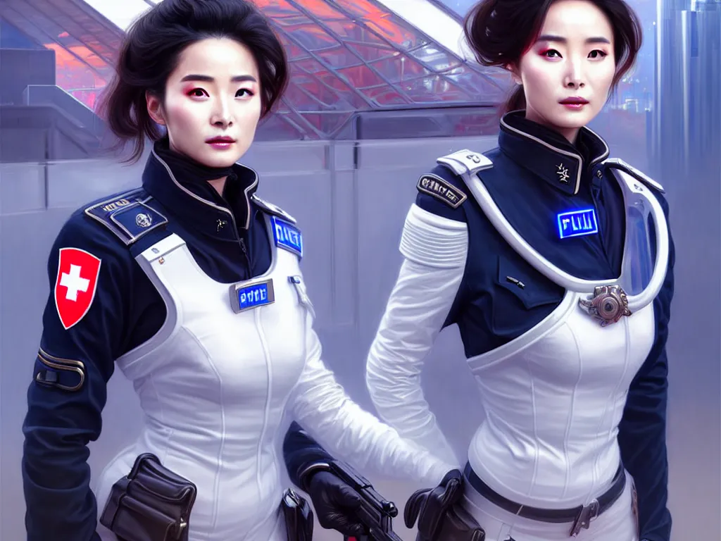 Image similar to portrait futuristic swiss police uniform female yang mi, at future neon light rooftop, ssci - fi and fantasy, intricate and very very beautiful and elegant, highly detailed, digital painting, artstation, concept art, smooth and sharp focus, illustration, art by tan zi and ayanamikodon and alphonse mucha and wlop