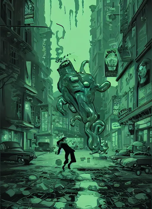 Prompt: epic 4 0 s movie poster featuring an enormous amorphous gelatinous cube slime creature attacking an abandoned midnight town street, faded, dark, mostly green color scheme, cell shaded, vector art, wordless, dangerous, thrilling, highly detailed, stylized, medium shot, makoto shinkai, ilya kuvshinov, james gurney, ray swanland