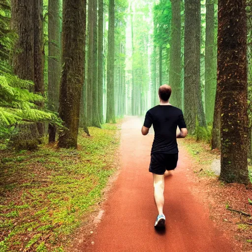 Prompt: athletic guy runs through a forest with tall trees, a photo from the back, perspective, pixel art,