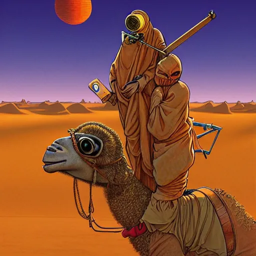 Prompt: several stoner merchants in robes with integrated bong gas mask appliances, trucking bales of herbs across an alien desert with camel-like creatures in tow. Album art by Arik Roper and Jean Giraud