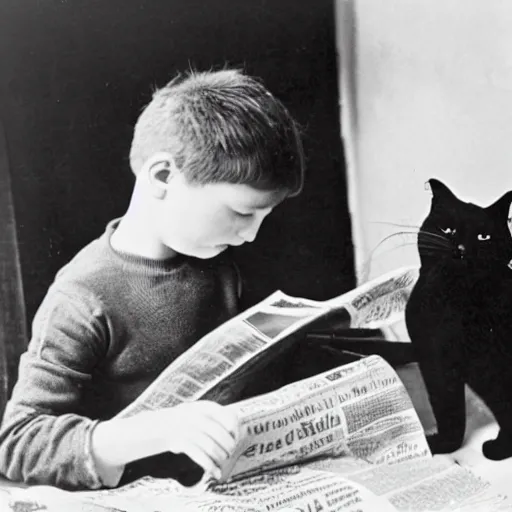 Prompt: photograph of a kid reading the newspaper to a cat, black and white, vintage photography