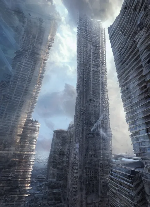 Prompt: a low angle shot, Epic sci-fi Art by Hyper detailed digital matte painting, of a large skyscraper building that is hovering above dried out miami city with dust clouds of smoke in the air and canles and debris falling out underneath, concept art, hyperrealism, 8k