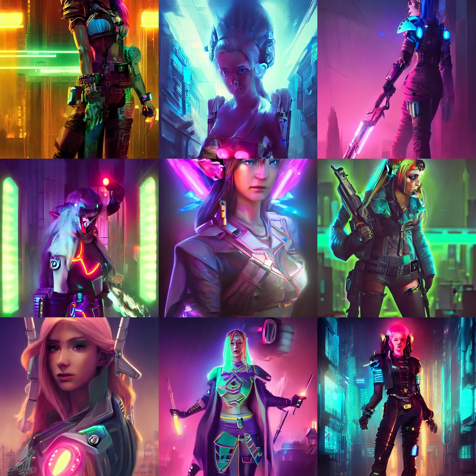 Prompt: Cyberpunk Princess Zelda cosplay, Shadowrun, bright neon highlights, 35mm nikon, sharp focus, hd, 4k, overdetailed matte art, concept art, by greg rutkowski, by Tim Hildebrandt, Trending on artstation, daily deviation, Blade Runner 2049,ultra realistic, cinematic lighting,maximalist