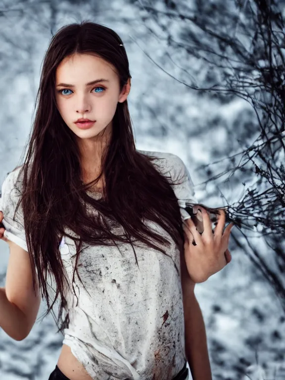 Prompt: hyperdetailed photo of a beautiful ukrainian girl, brown eyes, dark hair, winds of winter, with ripped t - shirt