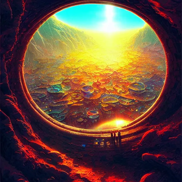 Prompt: microscopic view of the human eye, fantasy landscape is seen inside the iris of the eye, illuminati eye, colorful, sharp and focus, ultra detailed, beautifully lit, in the art style of marc simonetti and john harris