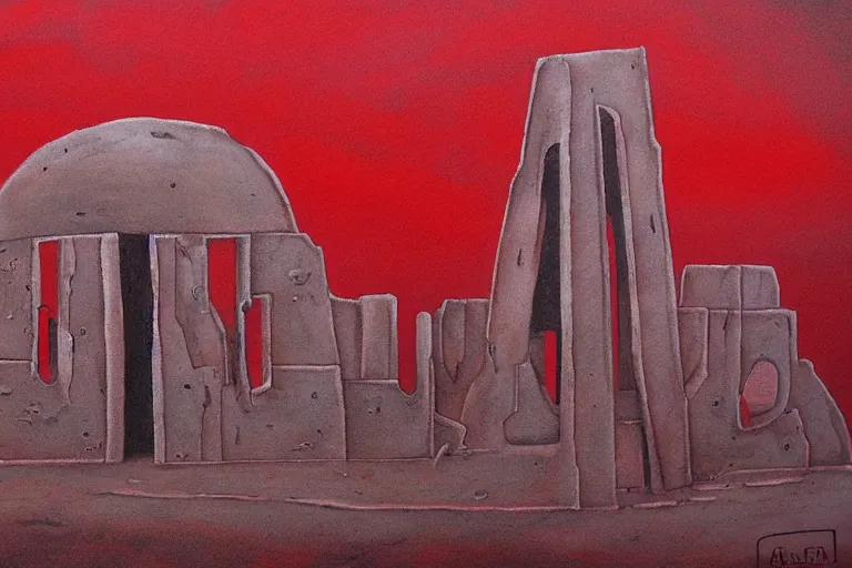 Image similar to ancient martian architecture, minimalistic red and ink airbrush painting on white background