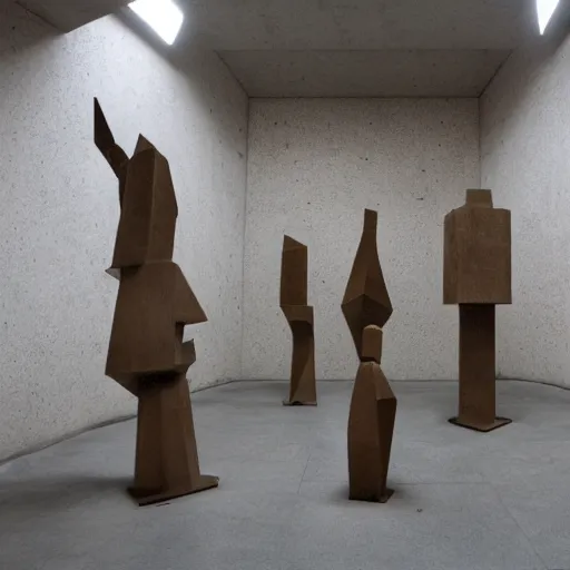 Image similar to sculptures in a brutalist museum