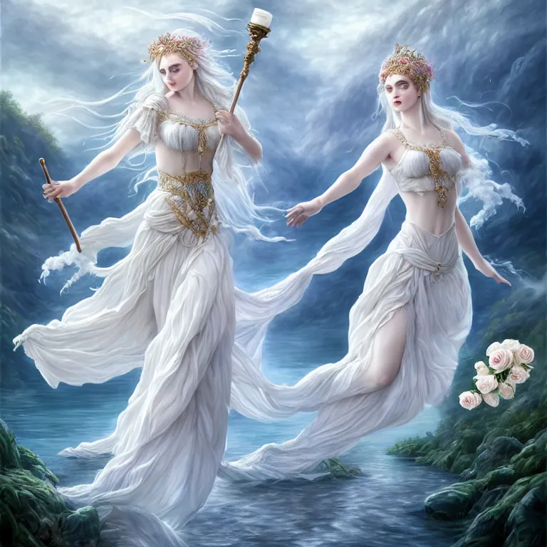 Image similar to meredit frampton style : the goddess of the lake with a large magnificent vaporous wrapped hight decorated, detailed, white roses organze cotton dress, highly detailed, d & d, water everwhere fantasy, highly detailed, digital painting, trending on artstation, concept art, sharp focus, global illumination, ray tracing, illustration, art by artgerm, fine art
