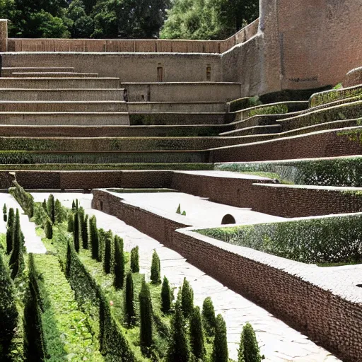 Image similar to courtyard complex of a labyrinthine monastary made of thousands of iteratively stacked and interlocked stones and bricks and wood, fusion of carlo scarpa and louis kahn, ivy growing on the bricks, people walking around and sitting on steps, architectural photography