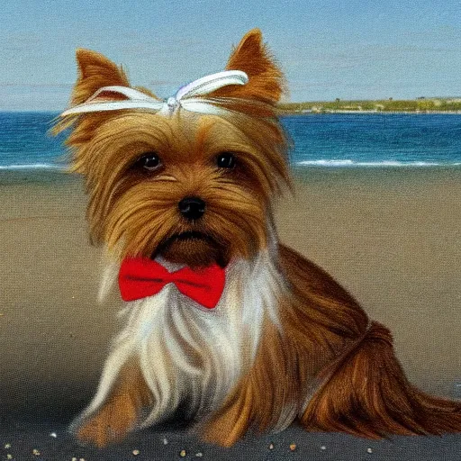 Image similar to a Yorkshire terrier at the beach wearing a bow tie, extremely detailed masterpiece, illustration, by Michael Sowa,