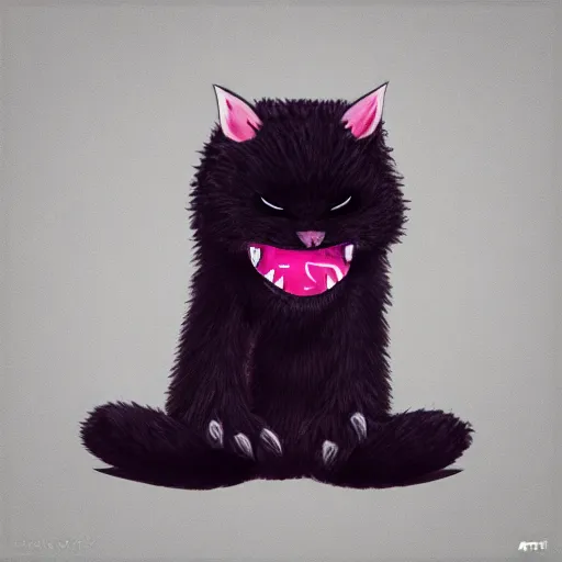 Prompt: a cute fluffy black creature with small fangs, digital art, bipedal, dark pink background, trending on artstation