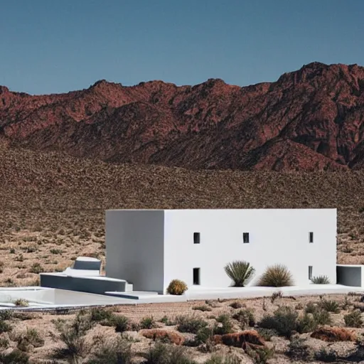 Image similar to white lego architect building in the dessert, with a lot plants and infinite pool