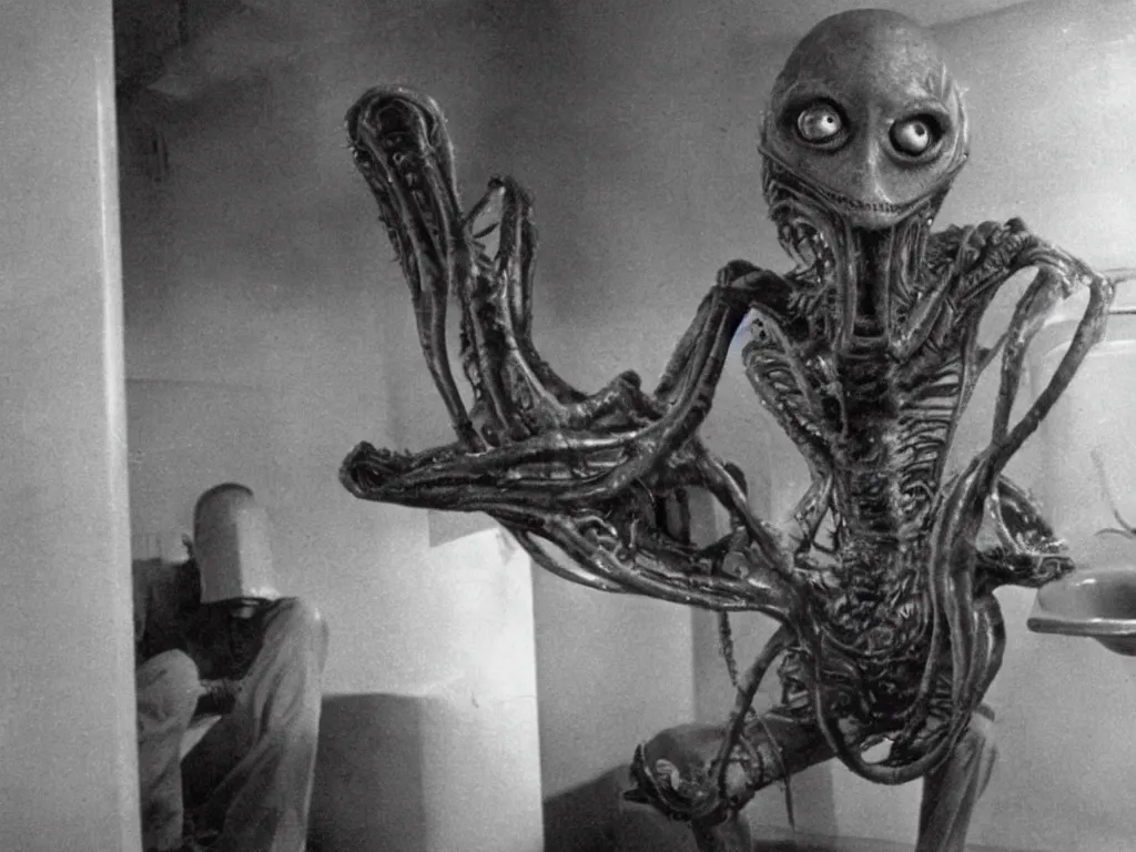 Prompt: HP Lovecraft alien sitting on the toilet. Color photograph from modern sci-fi film.