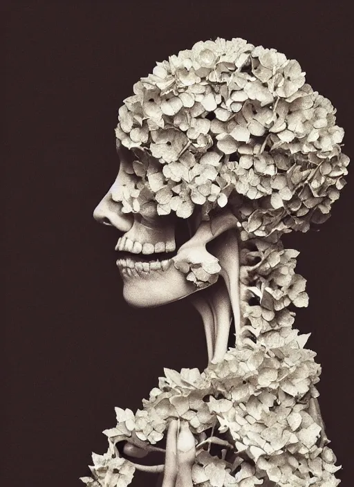 Image similar to a woman's face in profile, made of hydrangea skeleton, in the style of the dutch masters and gregory crewdson, dark and moody