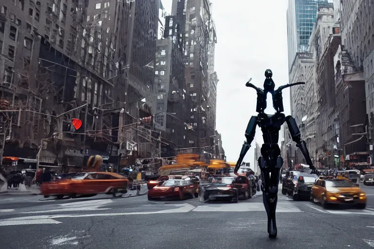 Prompt: VFX movie of a flying dark futuristic robot cyborg superhero with 6 arms levitating on New York street, atmospheric , by Emmanuel Lubezki